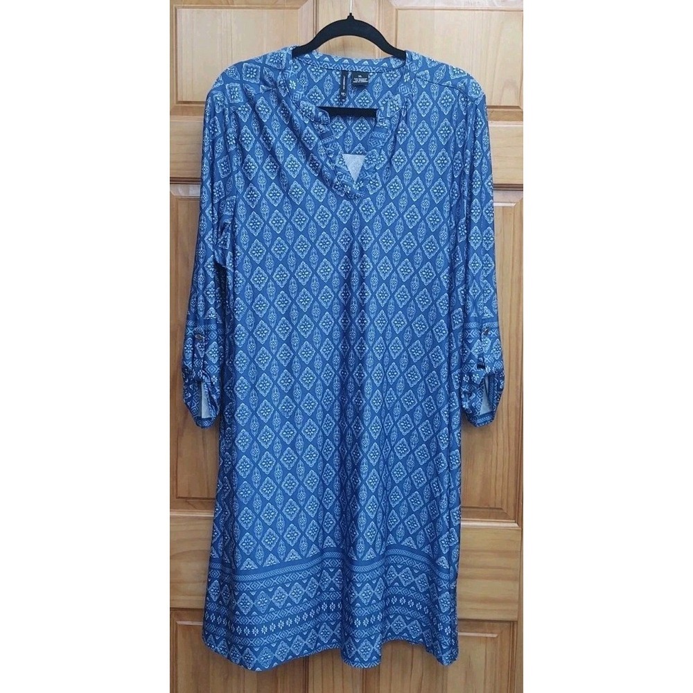 New Direction Long Sleeve Tab Button Sleeves V Neck Pullover Size XL Dress Blue